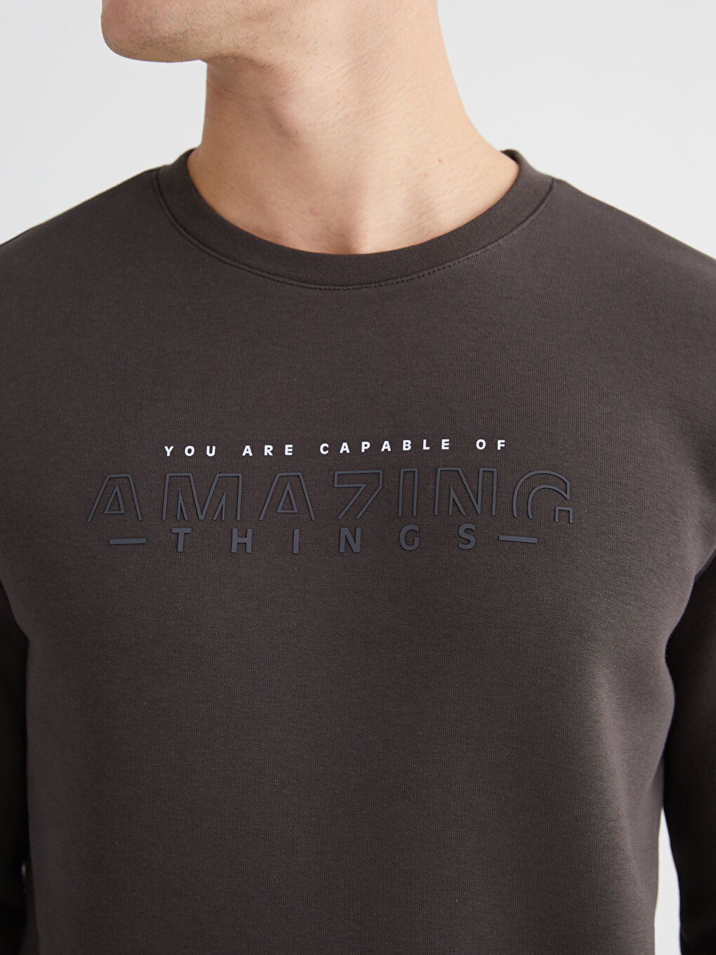 Kahverengi Bisiklet Yaka Baskılı Erkek Kalın Sweatshirt-2