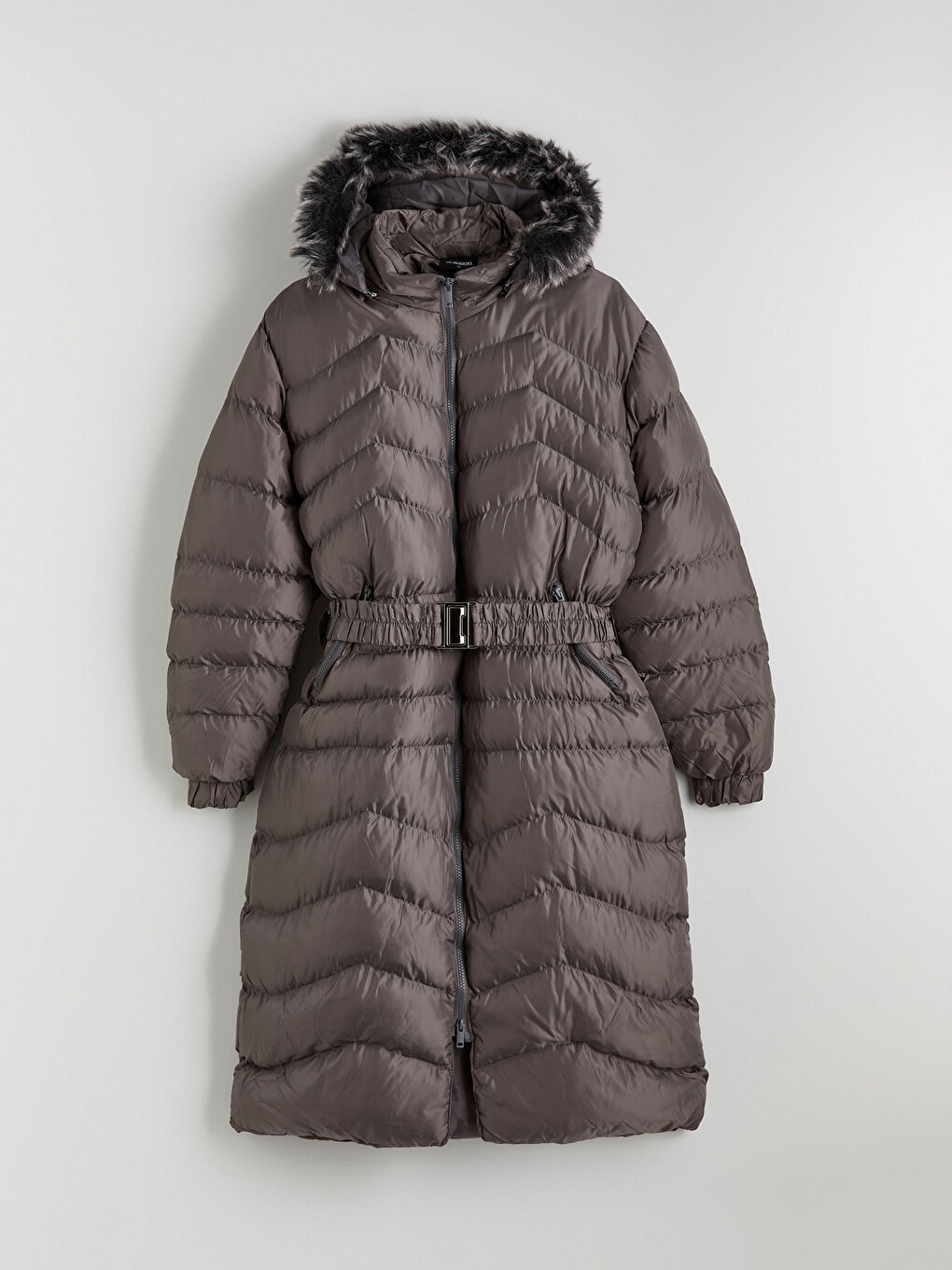 Gri Kürk Kapüşonlu Kapitone Kadın Şişme Mont-5