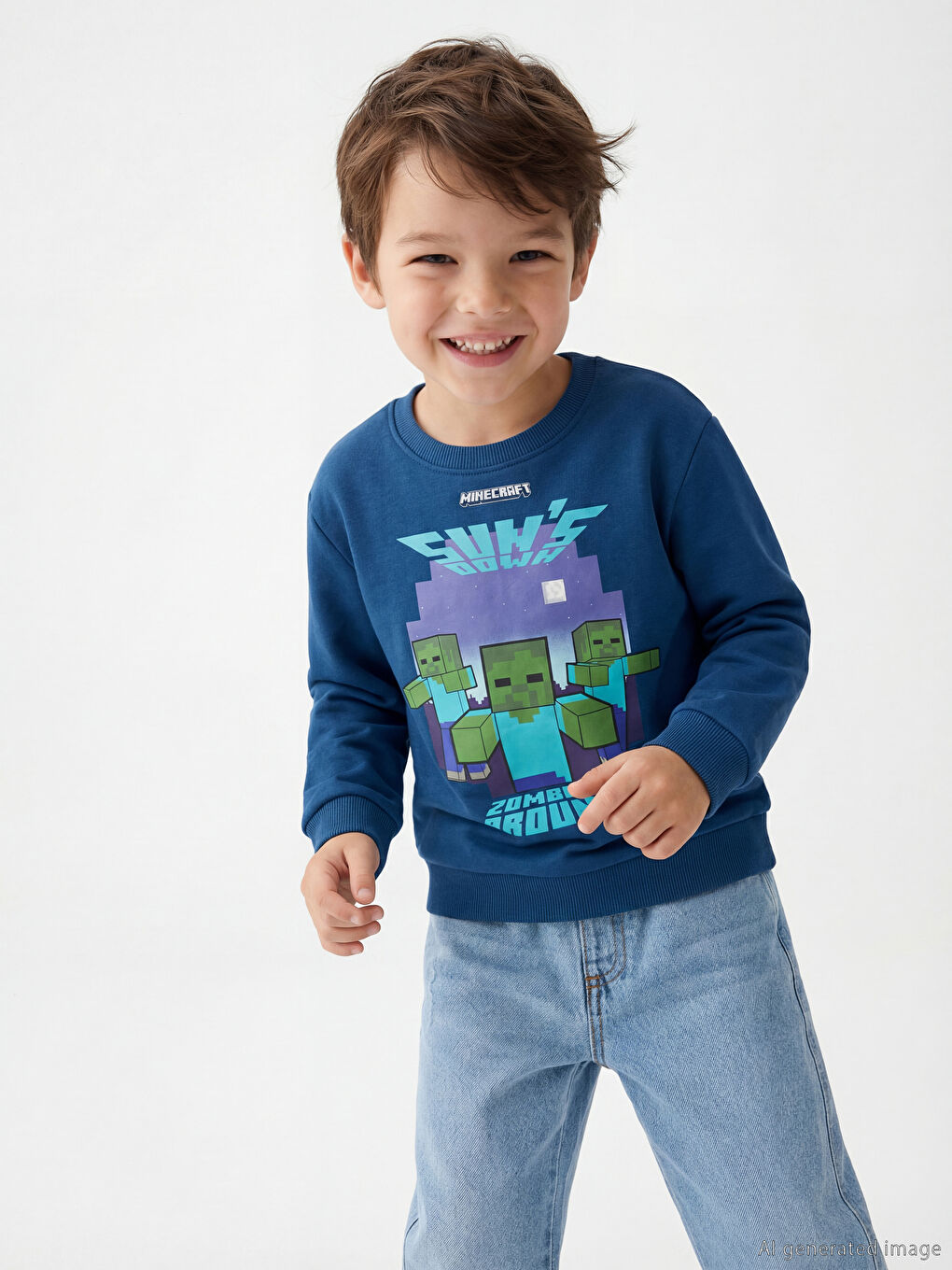 Petrol Minecraft Baskılı Erkek Çocuk Kalın Sweatshirt