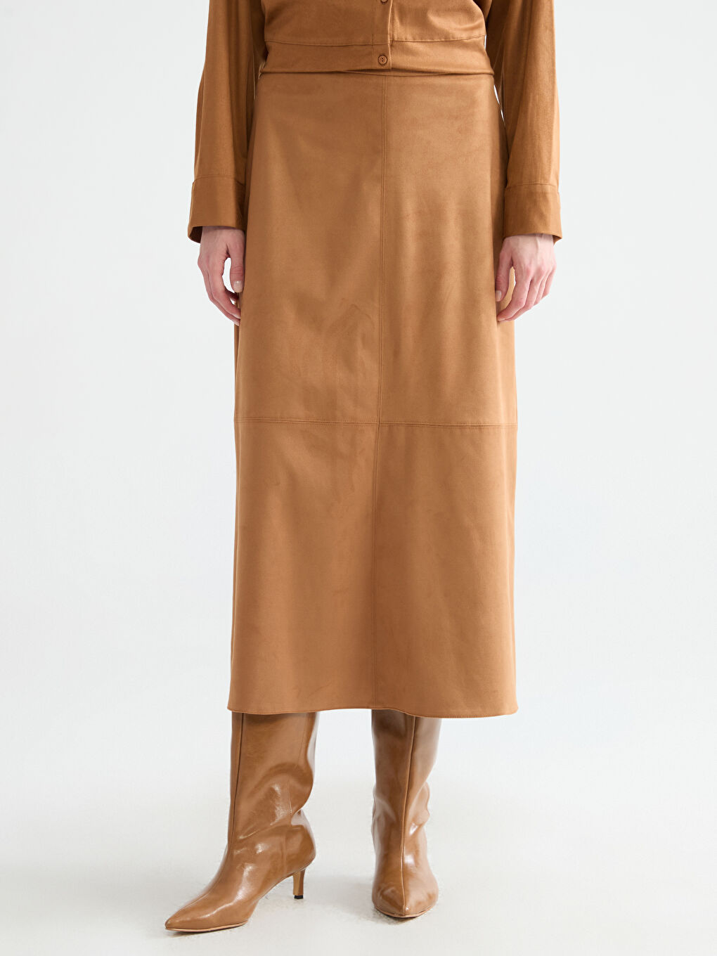 Kahverengi Beli Fermuarlı Süet Görünümlü A Kesim Etek-1