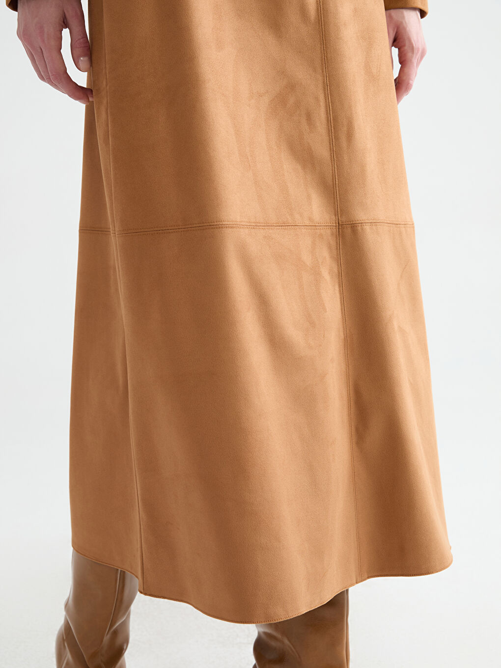 Kahverengi Beli Fermuarlı Süet Görünümlü A Kesim Etek-2