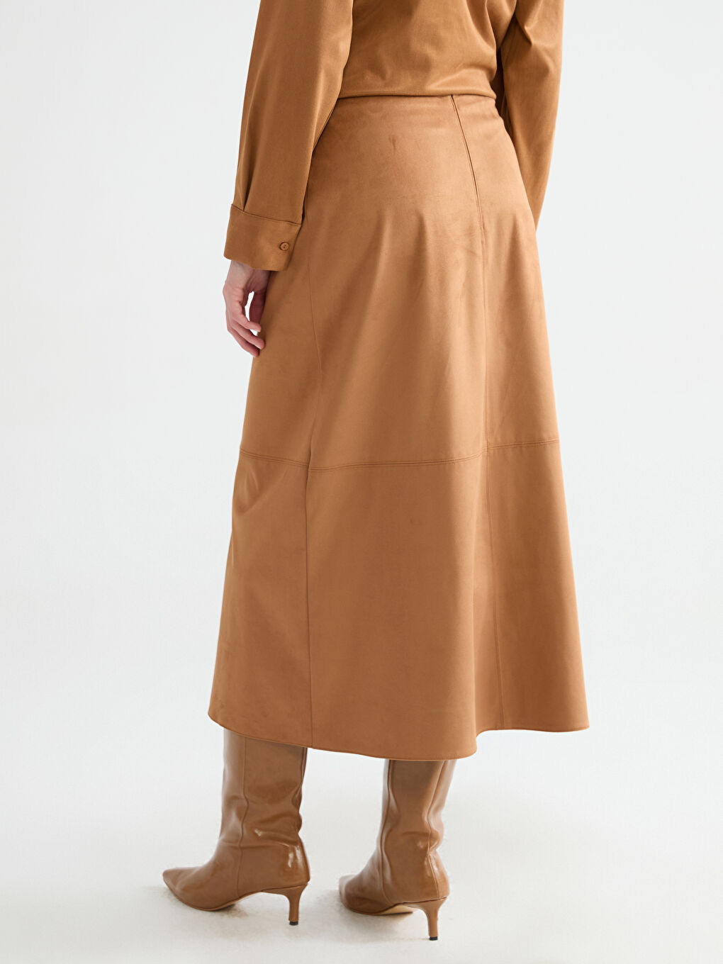 Kahverengi Beli Fermuarlı Süet Görünümlü A Kesim Etek-3