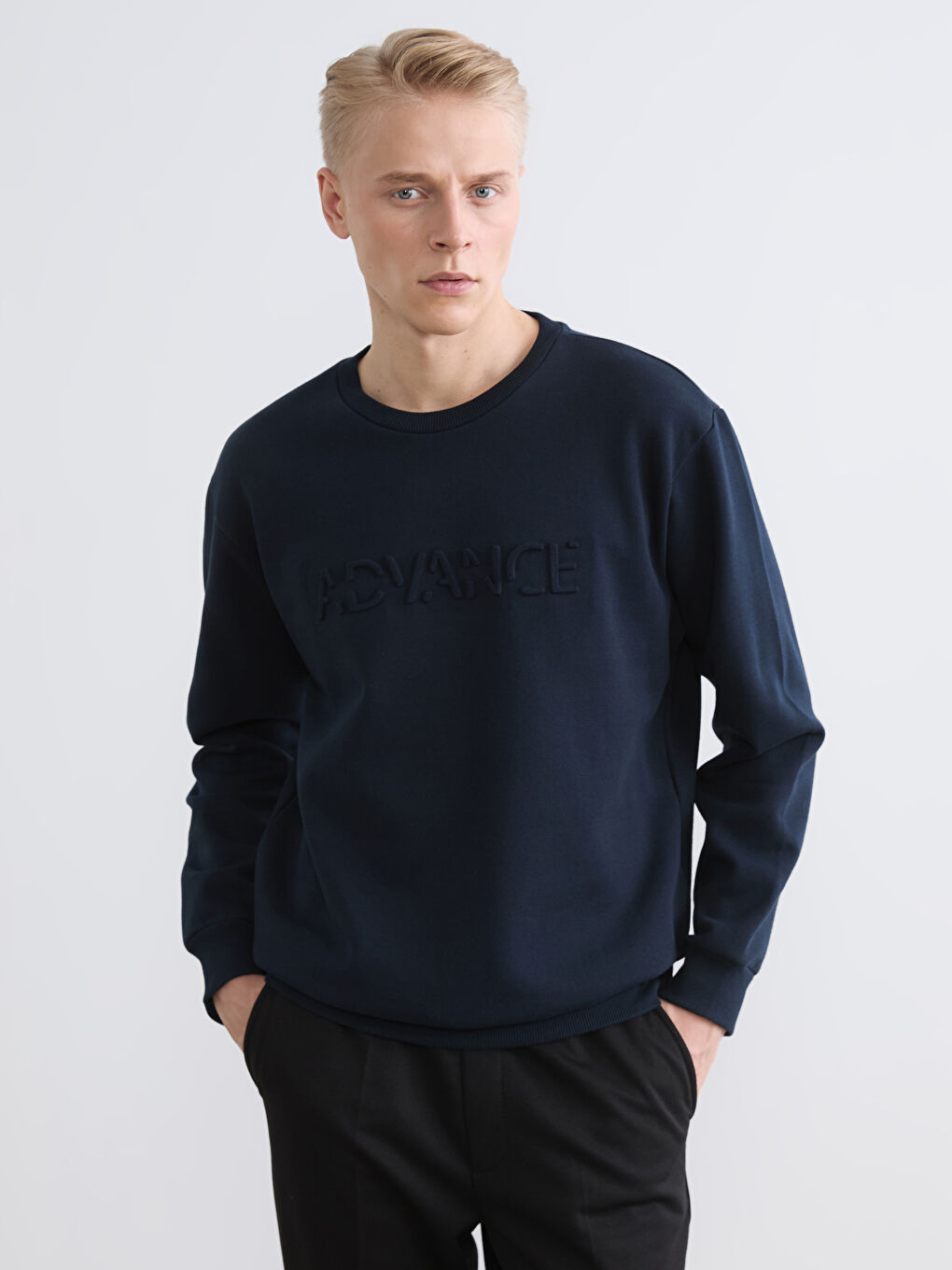 Lacivert Bisiklet Yaka Baskılı Erkek Sweatshirt