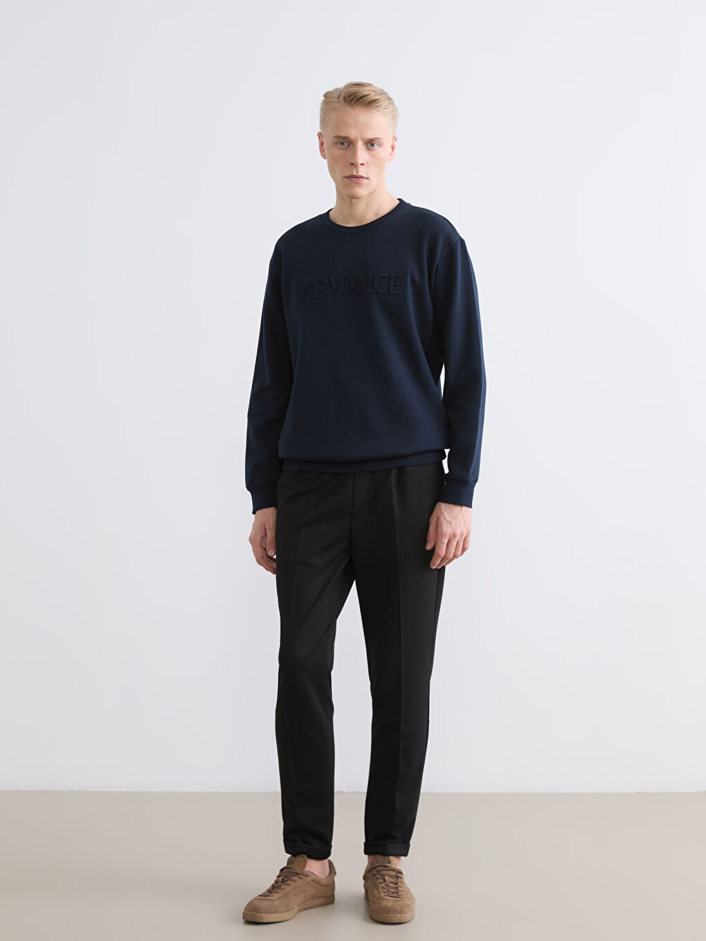 Lacivert Bisiklet Yaka Baskılı Erkek Sweatshirt-1