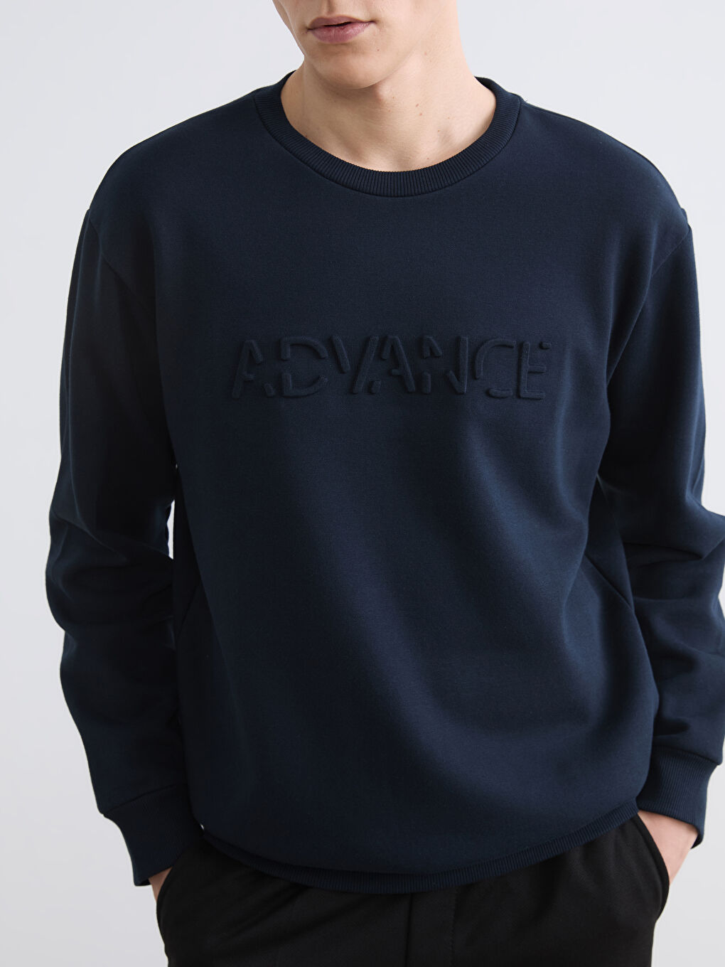 Lacivert Bisiklet Yaka Baskılı Erkek Sweatshirt-2