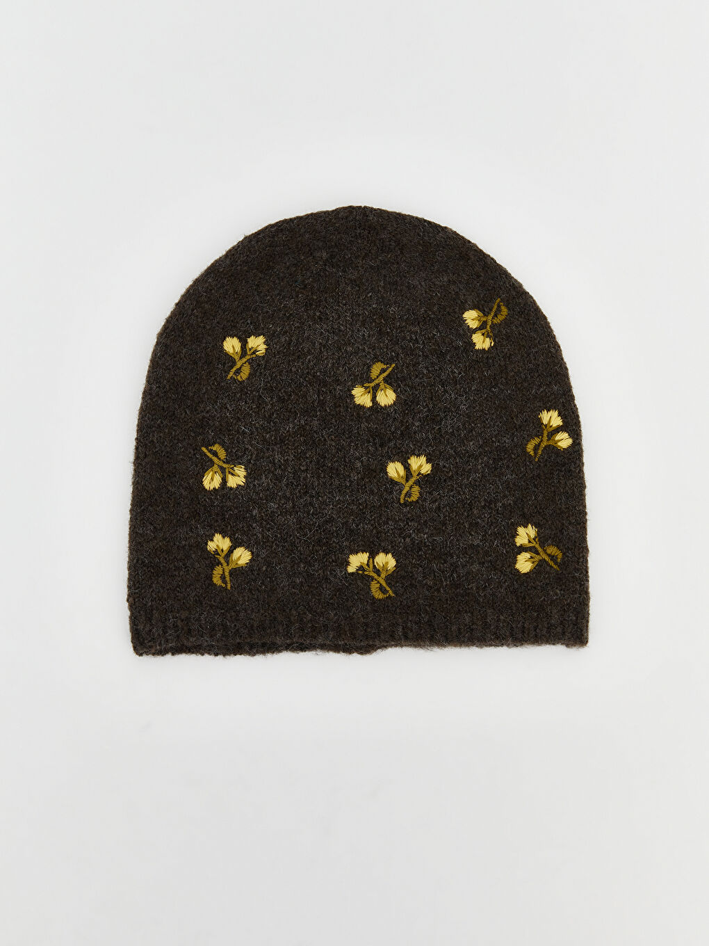 Kahverengi Çiçek Nakışlı Kadın Triko Bere