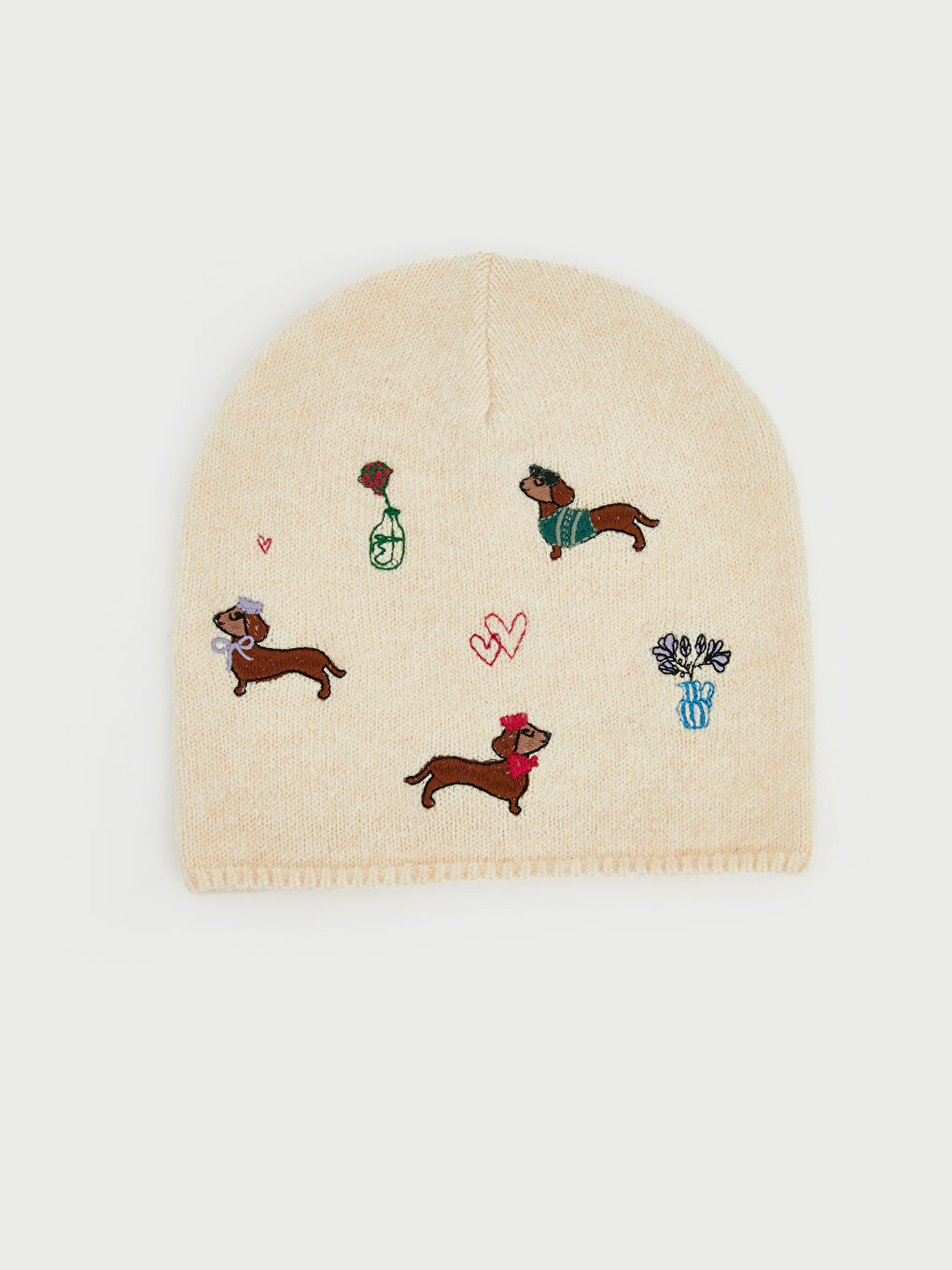 Ekru Hayvan Nakışlı Kadın Triko Bere