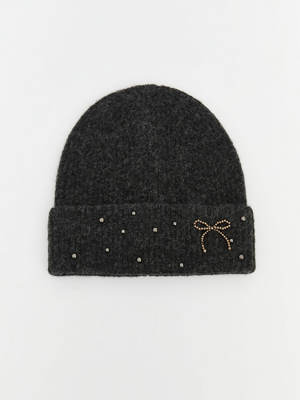 Antrasit Fiyonk Nakışlı Kadın Triko Bere