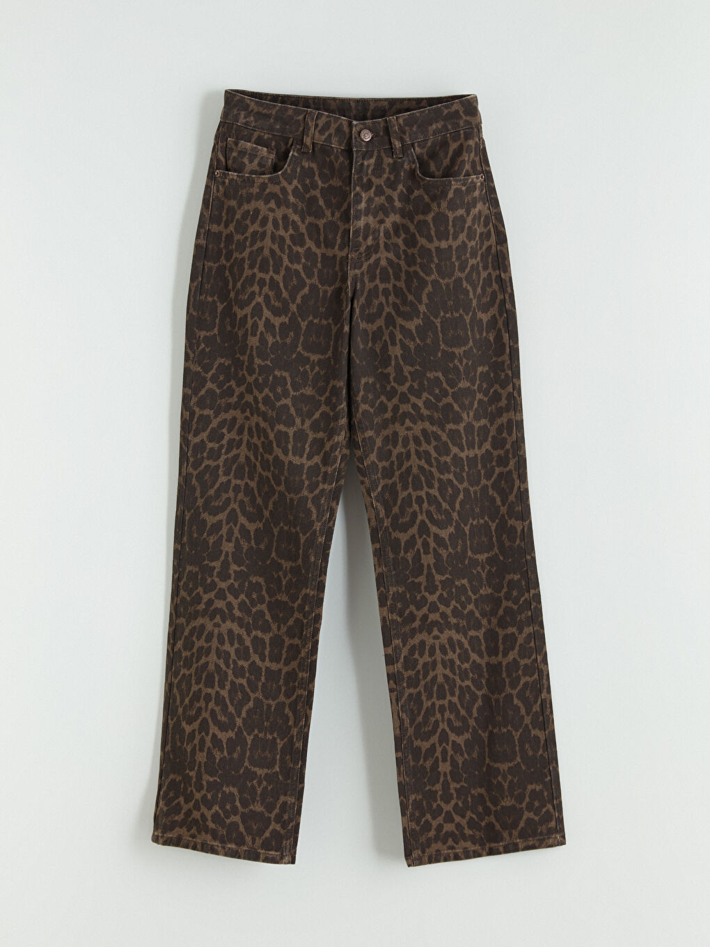 Kahverengi Straight Fit Leopar Desenli Kadın Jean Pantolon-4