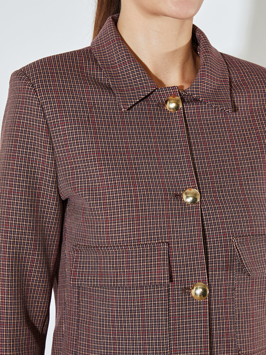 Bordo Gömlek Yaka Ekose Kadın Ceket-2