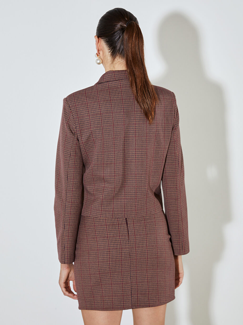 Bordo Gömlek Yaka Ekose Kadın Ceket-3