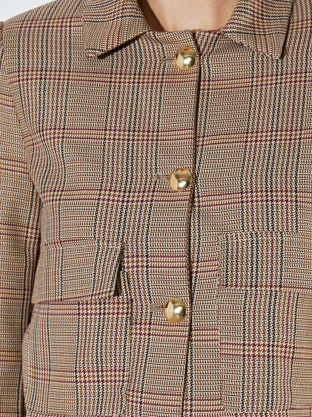 Bej Gömlek Yaka Ekose Kadın Ceket-2