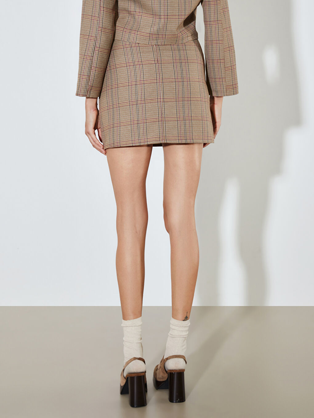 Bej Dar Fit Ekose Mini Etek-3