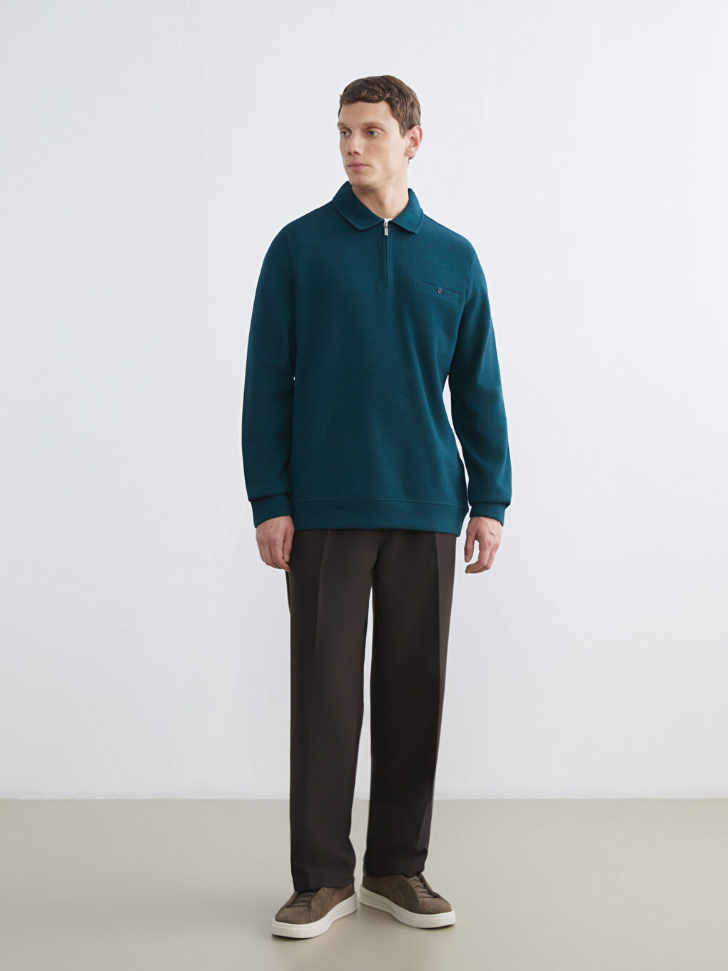 Yeşil Polo Yaka Erkek Sweatshirt-1