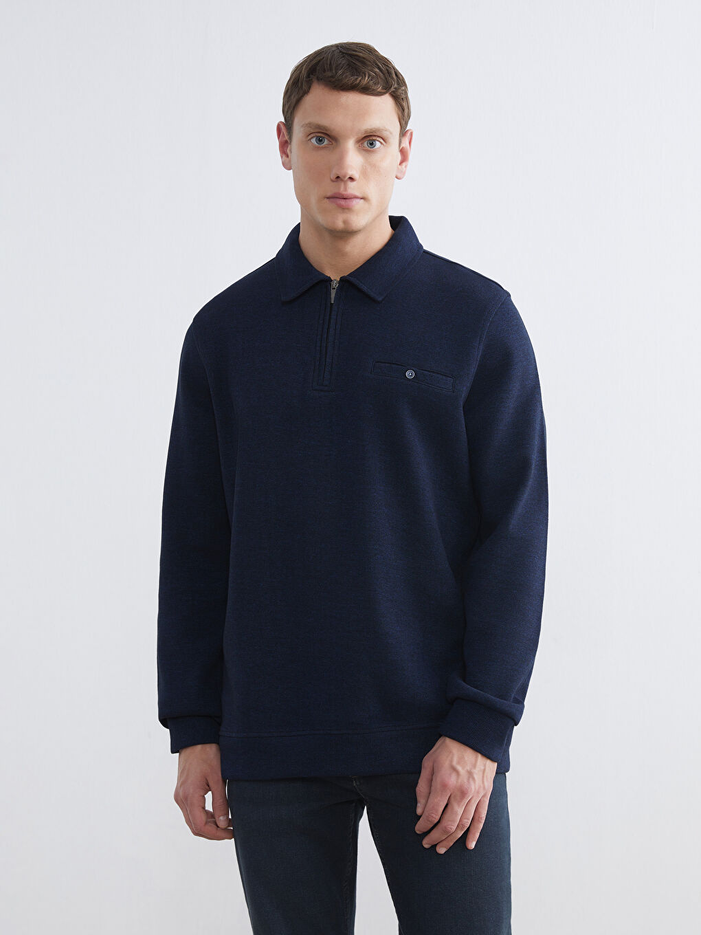 Lacivert Polo Yaka Erkek Sweatshirt