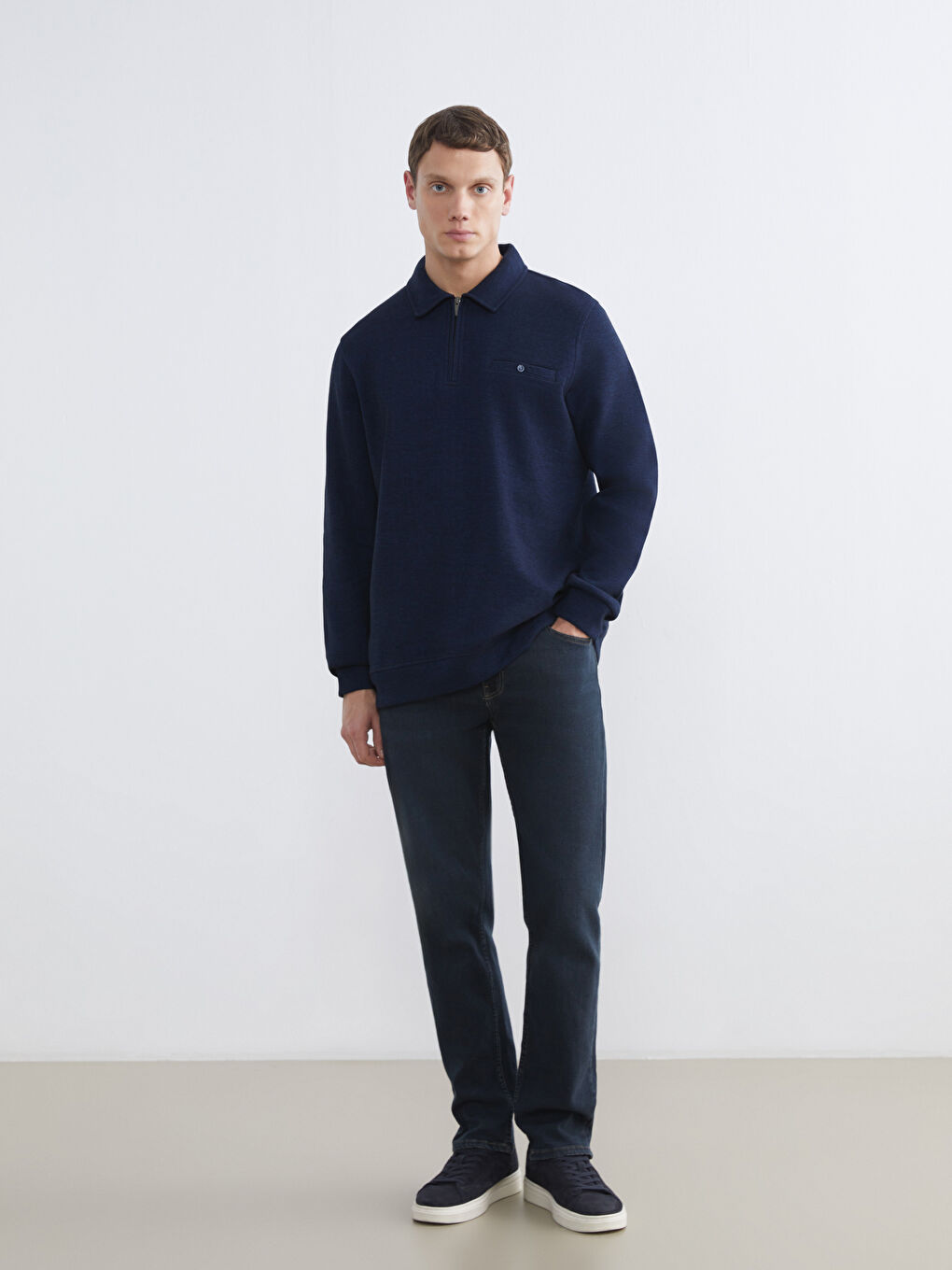 Lacivert Polo Yaka Erkek Sweatshirt-1