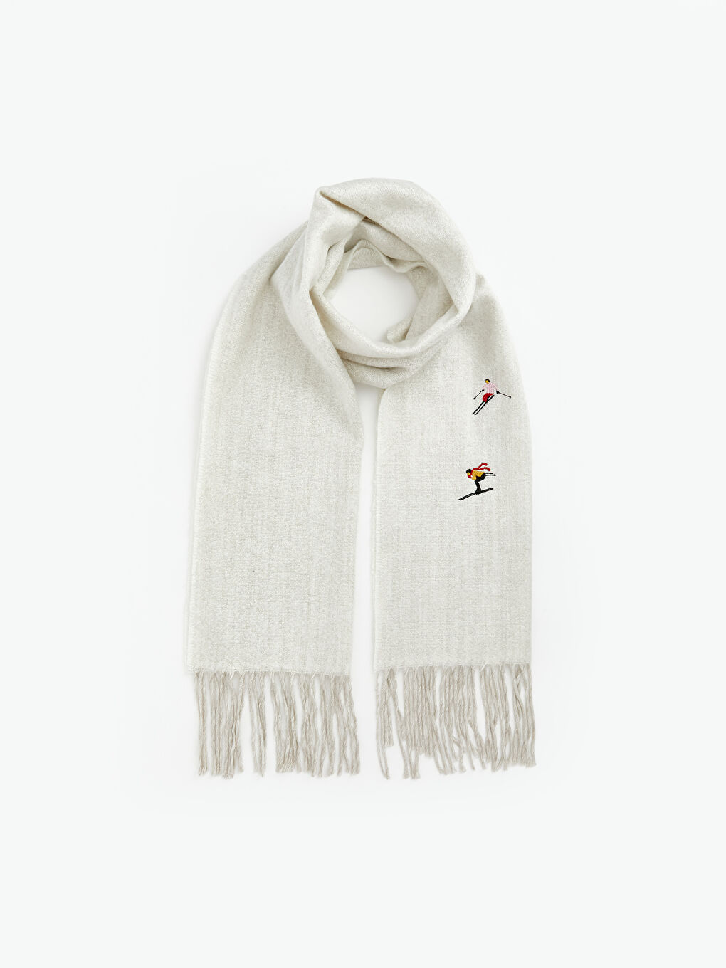 Ekru Püsküllü Kadın Atkı