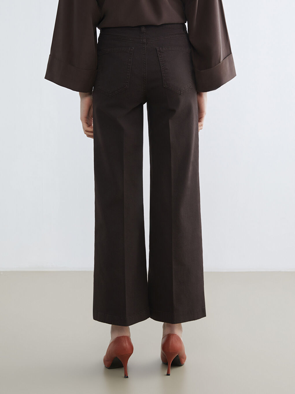 Kahverengi Wideleg Kadın Jean Pantolon-3