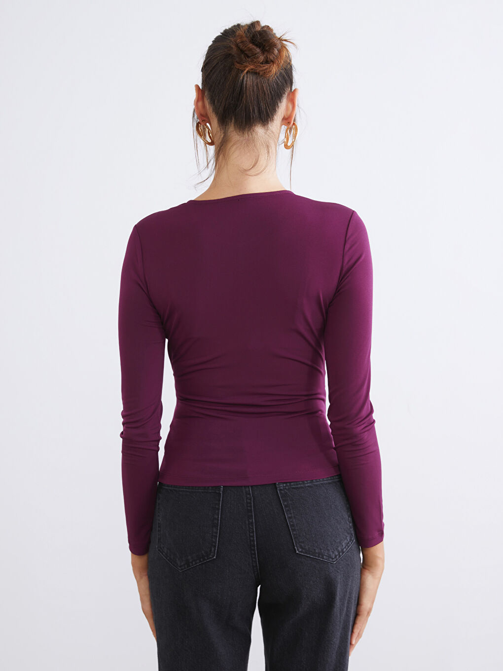 Bordo Bisiklet Yaka Büzgülü Bluz-3