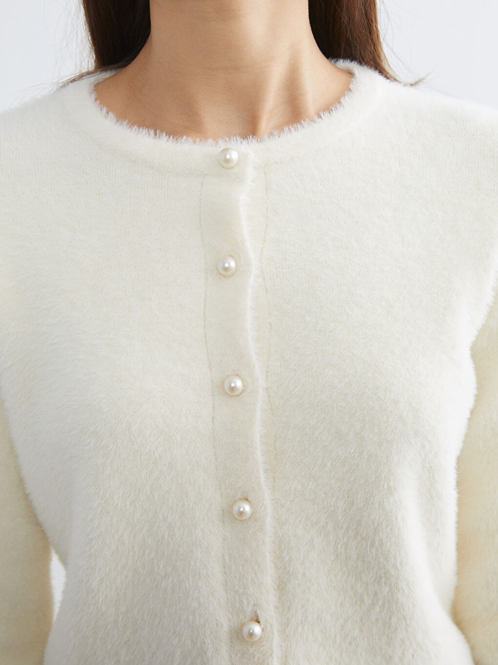 Ekru Bisiklet Yaka Kadın Triko Hırka-2