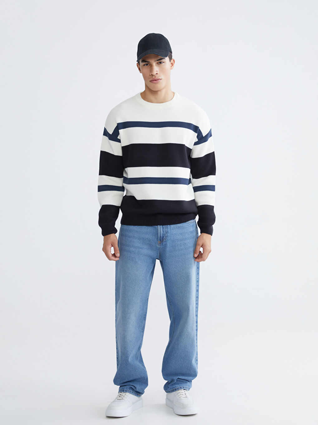 Lacivert Bisiklet Yaka Çizgili Erkek Triko Kazak-1