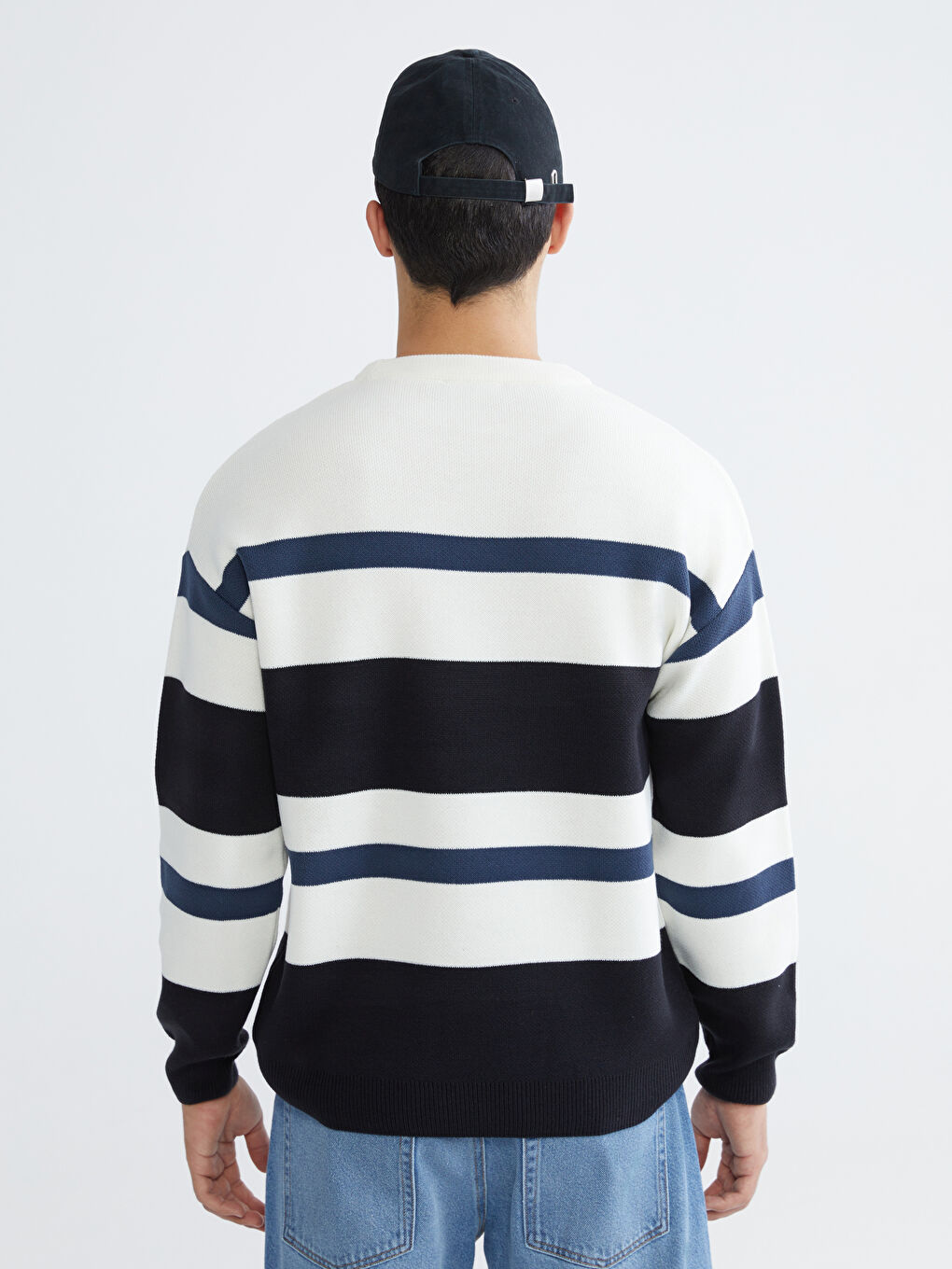 Lacivert Bisiklet Yaka Çizgili Erkek Triko Kazak-3