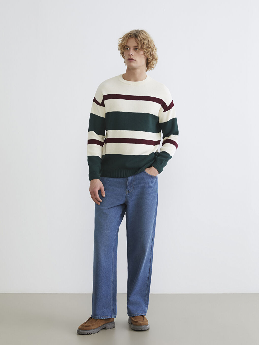 Yeşil Bisiklet Yaka Çizgili Erkek Triko Kazak-1