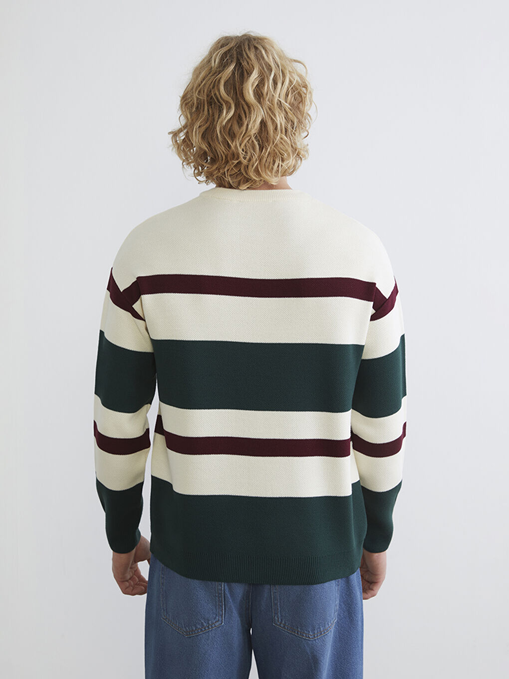 Yeşil Bisiklet Yaka Çizgili Erkek Triko Kazak-3