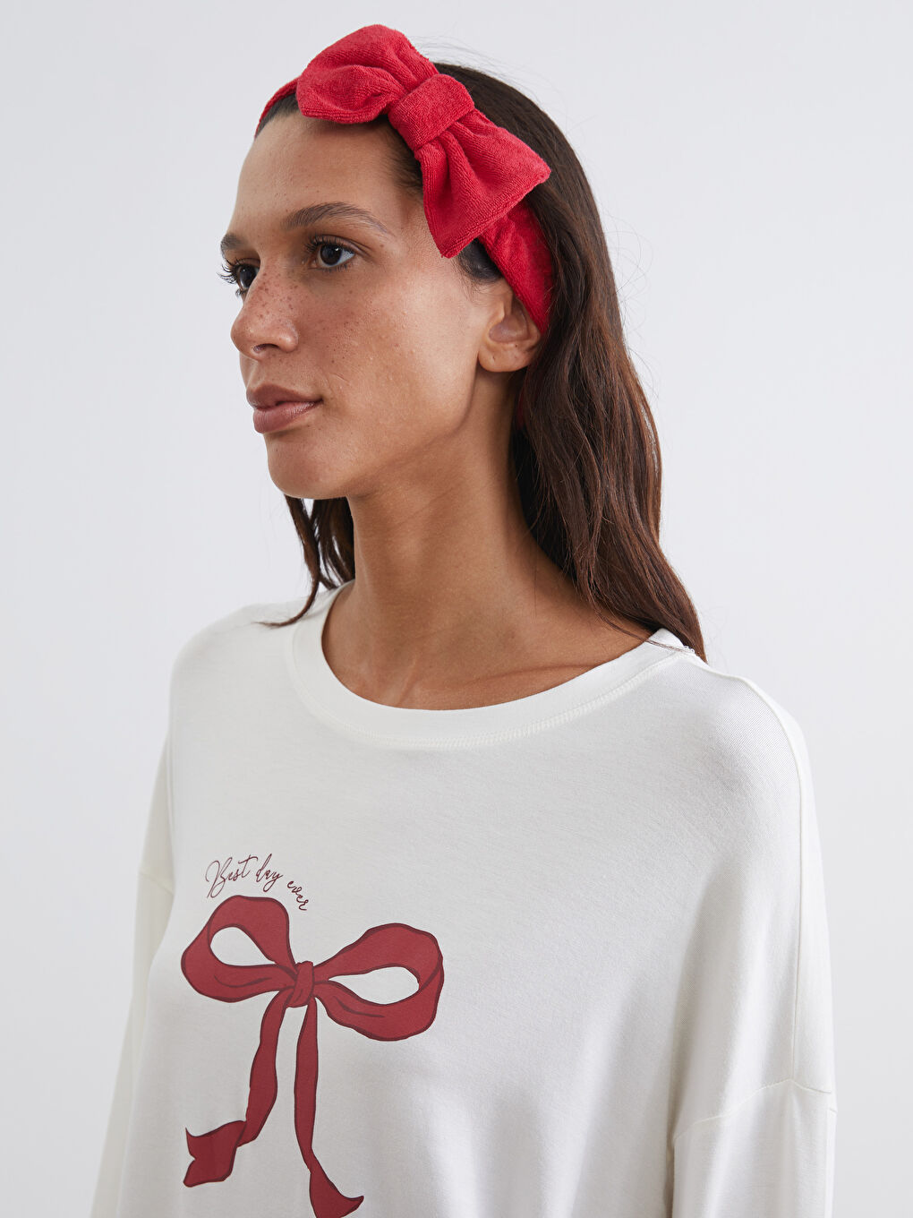 Kırmızı Bisiklet Yaka Fiyonk Baskılı Kadın Pijama Takımı-2