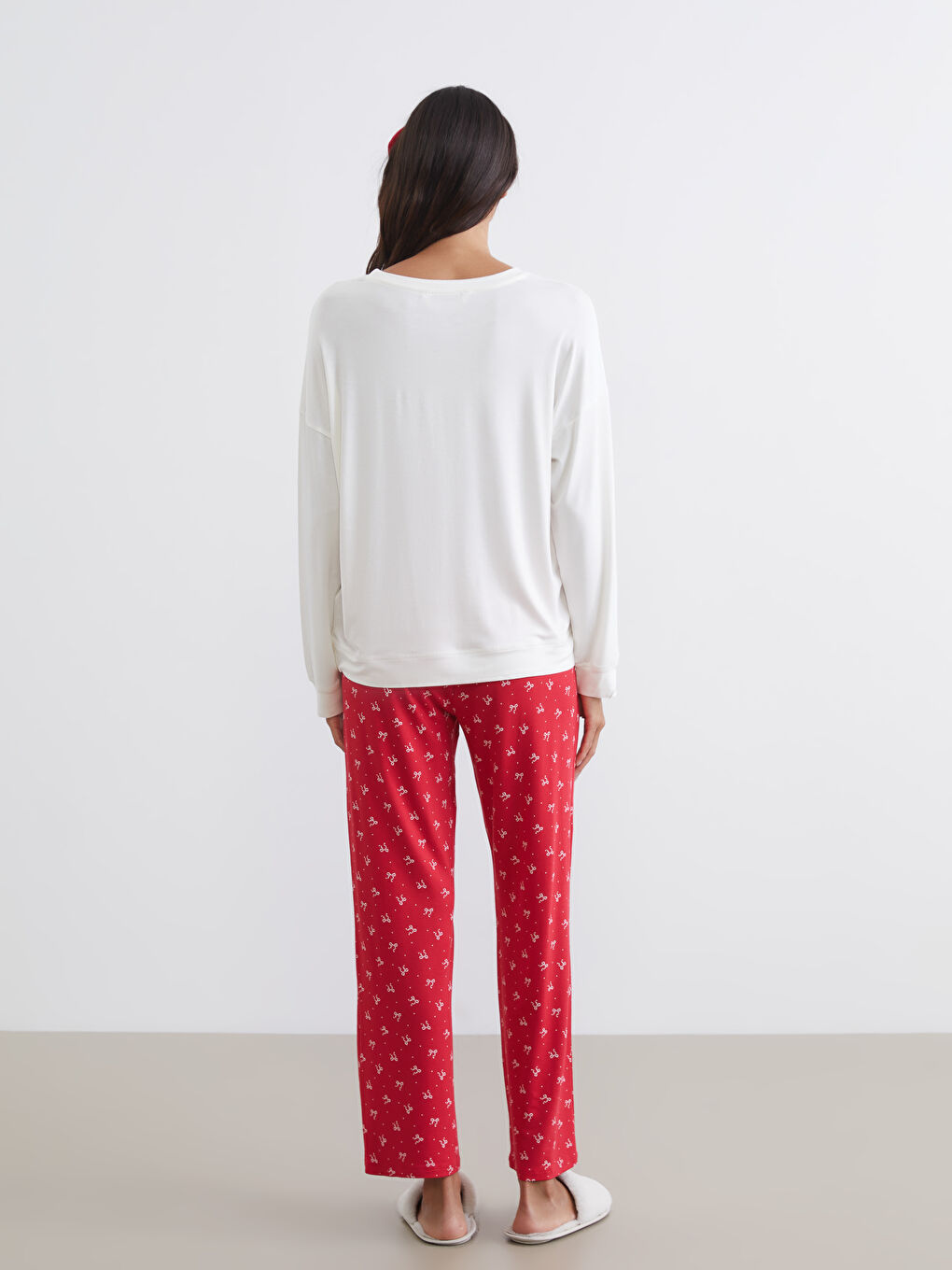 Kırmızı Bisiklet Yaka Fiyonk Baskılı Kadın Pijama Takımı-3