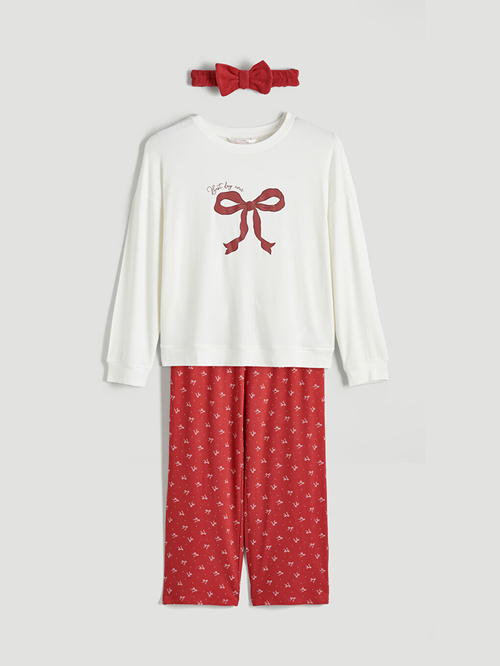 Kırmızı Bisiklet Yaka Fiyonk Baskılı Kadın Pijama Takımı-4