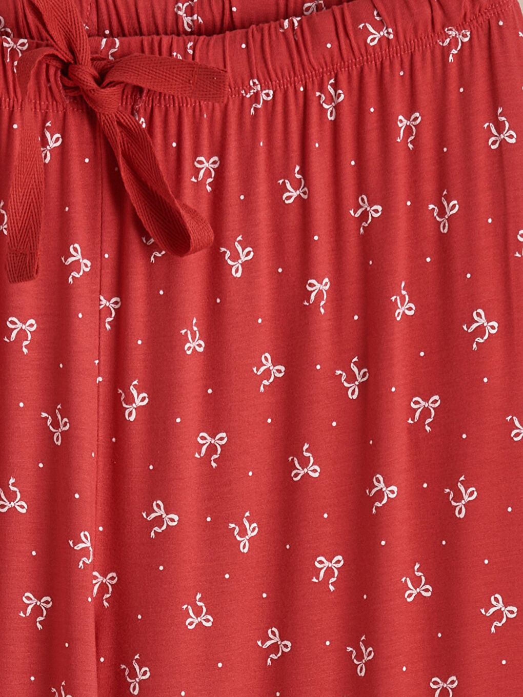 Kırmızı Bisiklet Yaka Fiyonk Baskılı Kadın Pijama Takımı-10