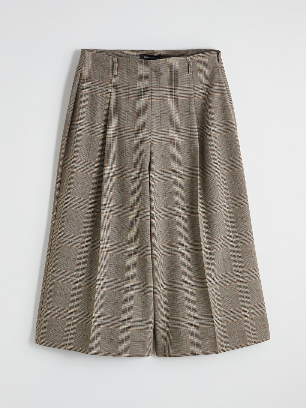 Kahverengi Loose Fit Ekose Geniş Paça Kadın Pileli Pantolon