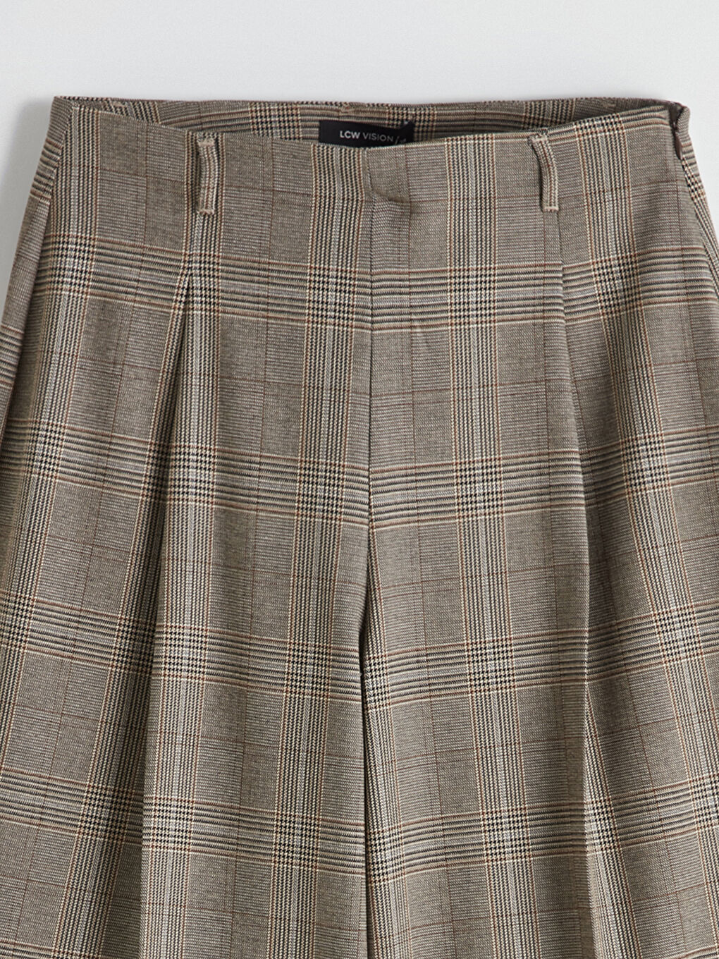 Kahverengi Loose Fit Ekose Geniş Paça Kadın Pileli Pantolon-1