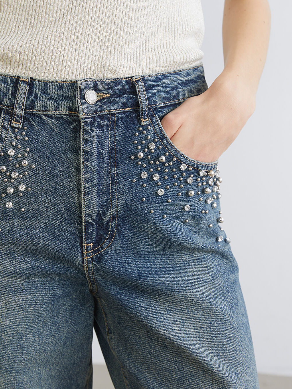 İndigo Barrel Fit Taşlı Kadın Jean Pantolon-2