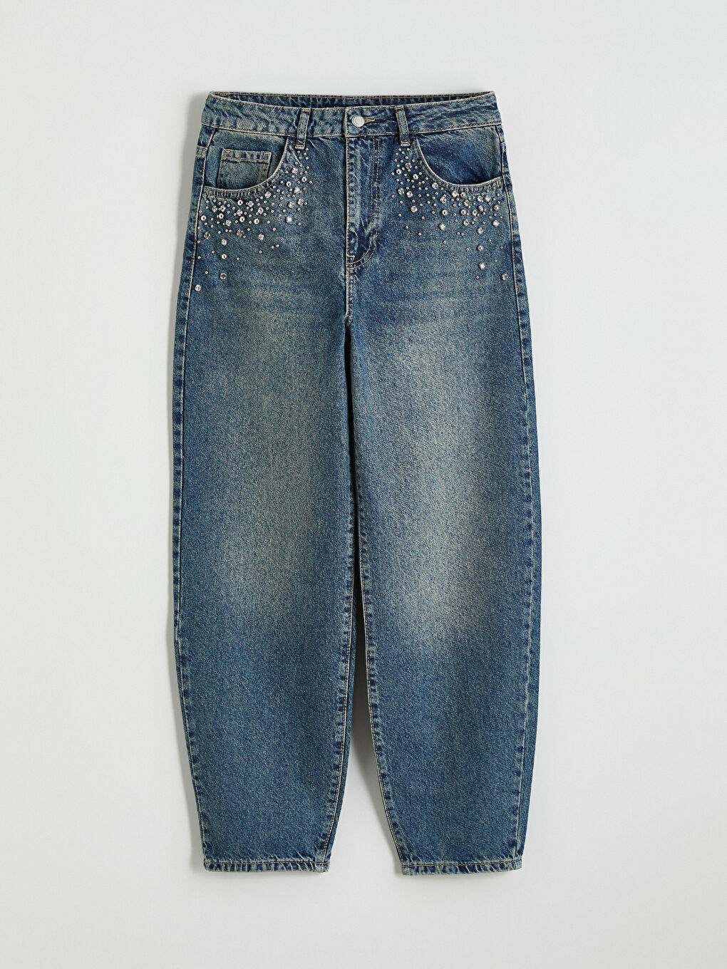 İndigo Barrel Fit Taşlı Kadın Jean Pantolon-4