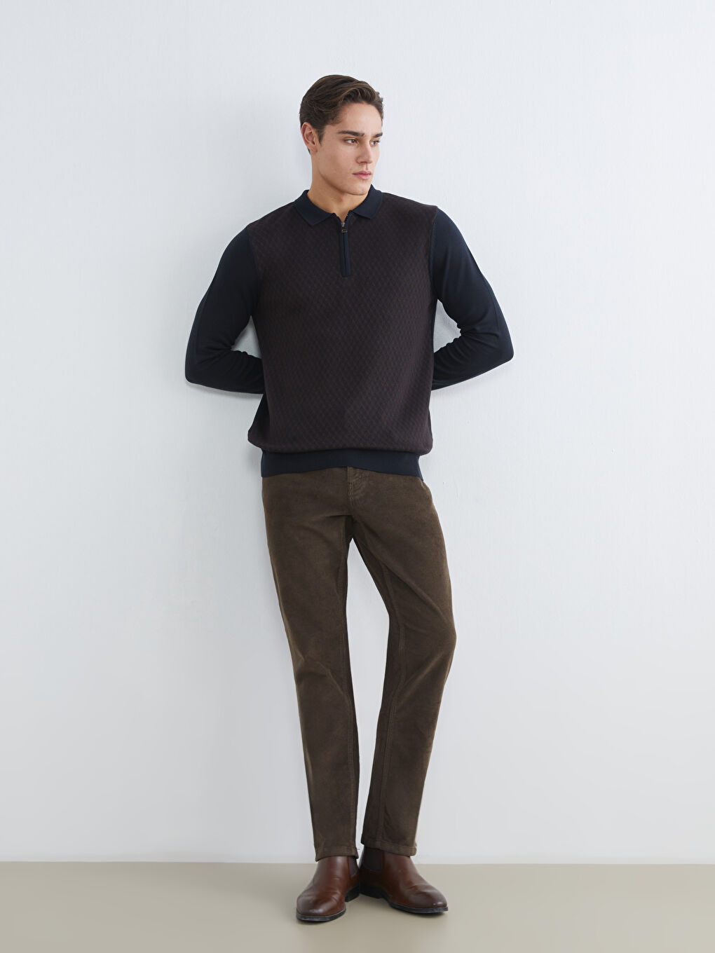 Kahverengi Polo Yaka Erkek Triko Kazak-1