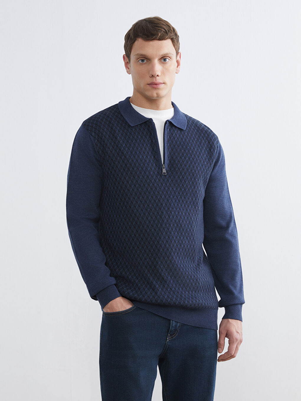 İndigo Polo Yaka Erkek Triko Kazak