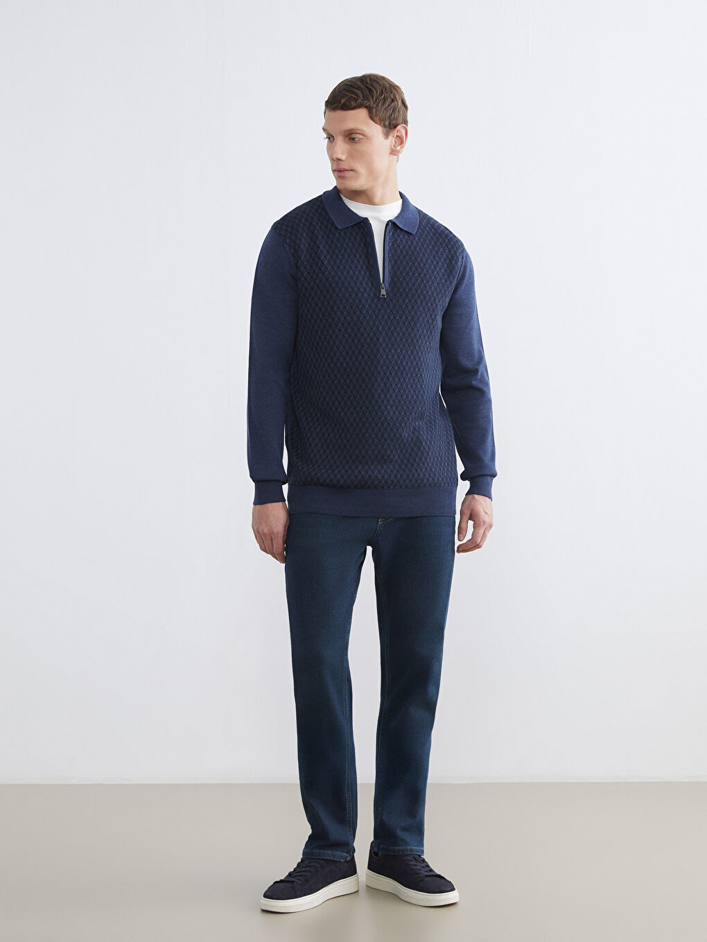 İndigo Polo Yaka Erkek Triko Kazak-1