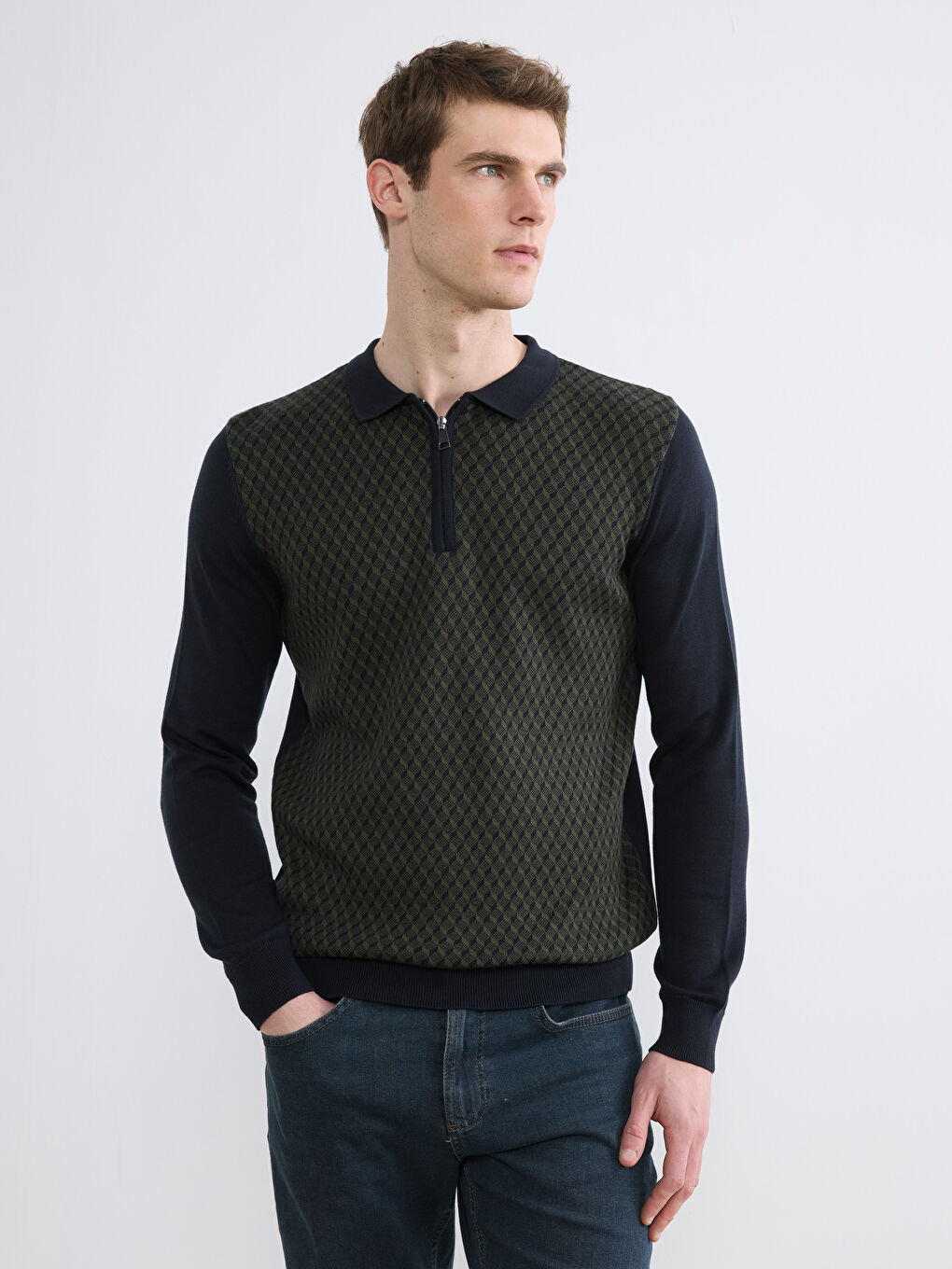 Yeşil Polo Yaka Erkek Triko Kazak