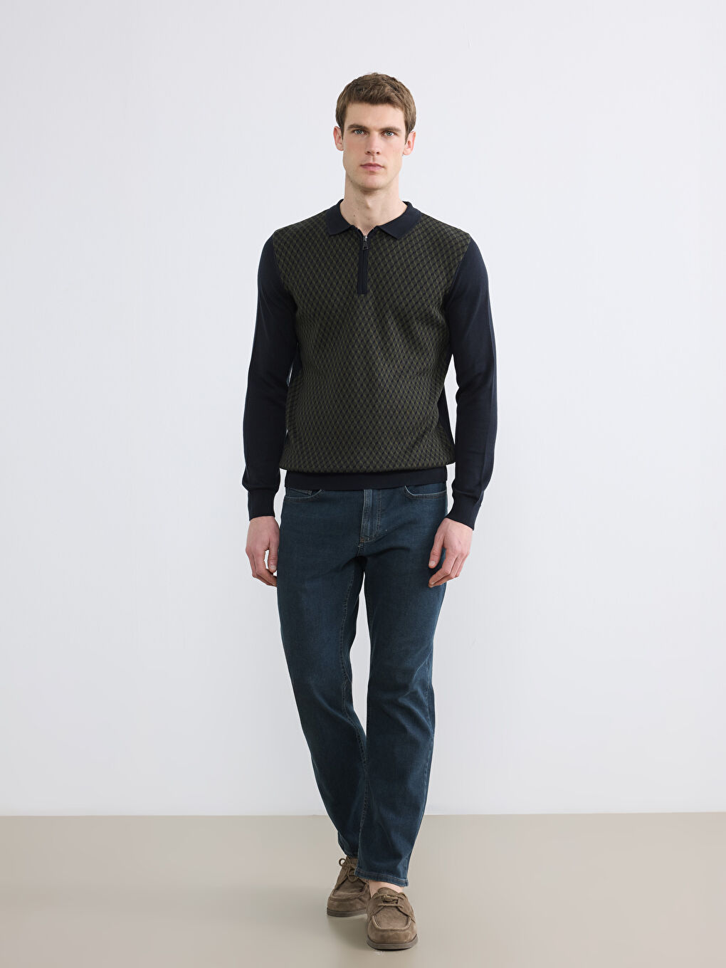 Yeşil Polo Yaka Erkek Triko Kazak-1