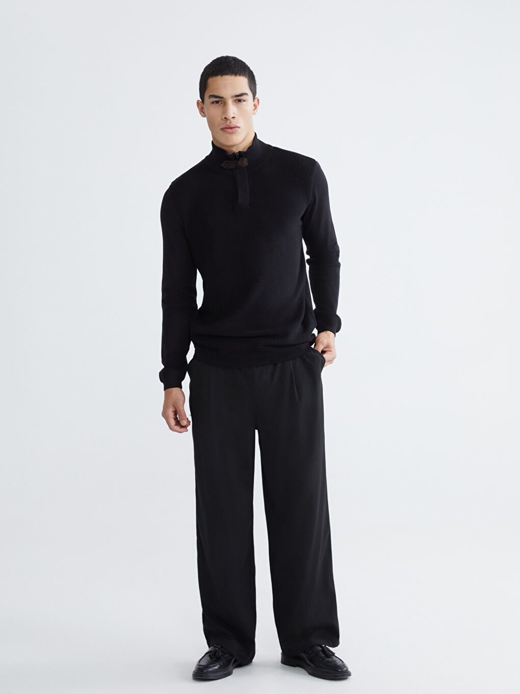 Siyah Dik Yaka Erkek Triko Kazak-3