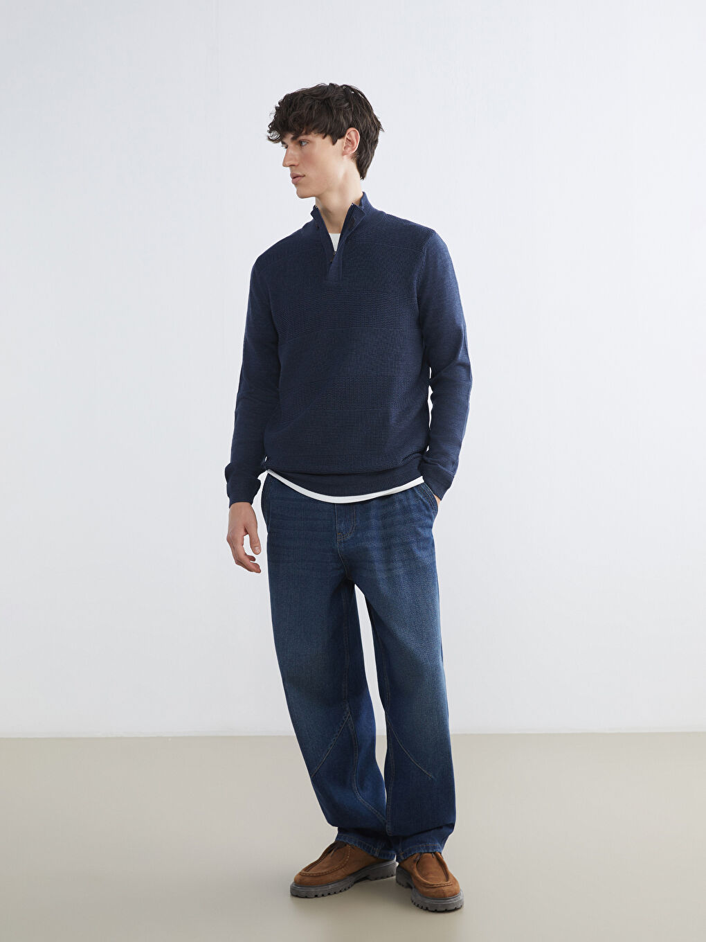 İndigo Dik Yaka Erkek Triko Kazak-1