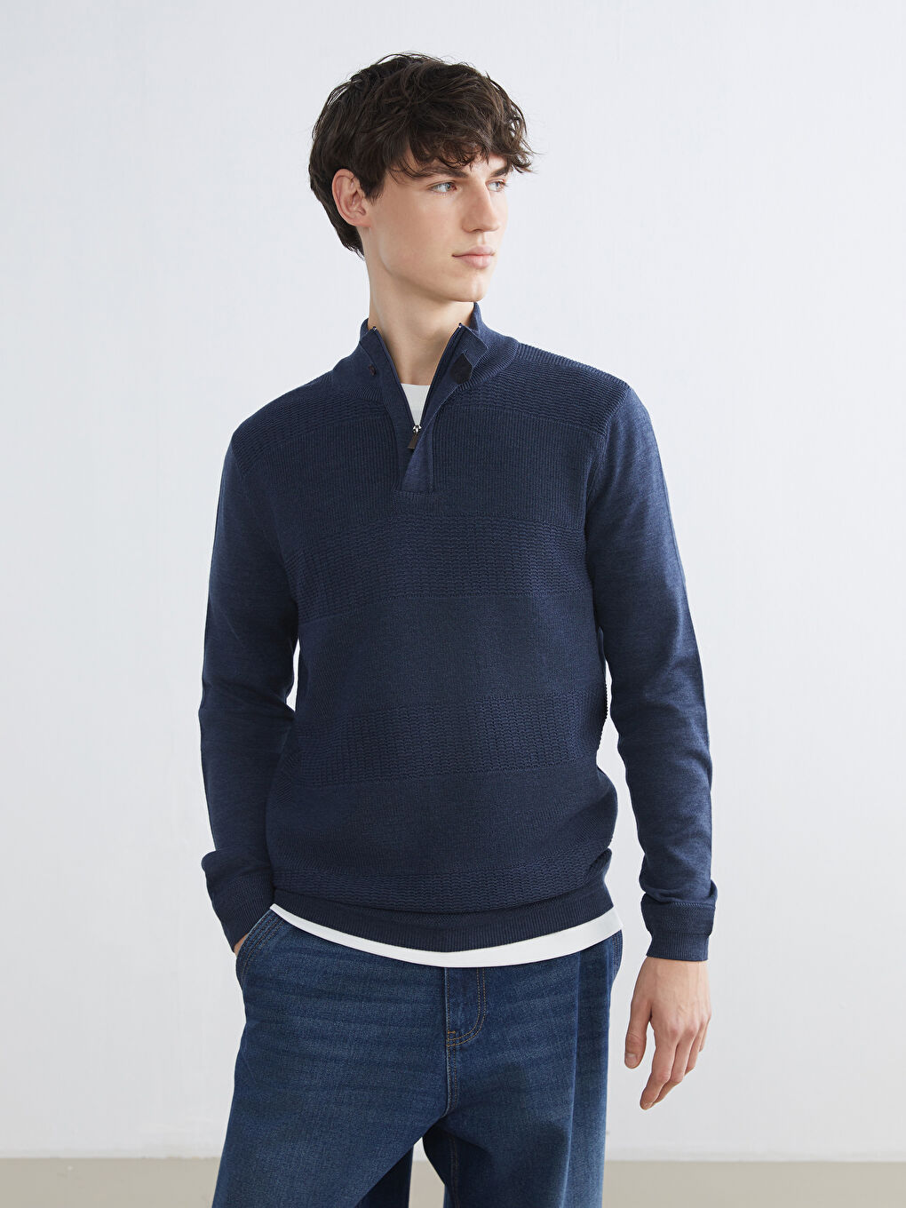 İndigo Dik Yaka Erkek Triko Kazak-2