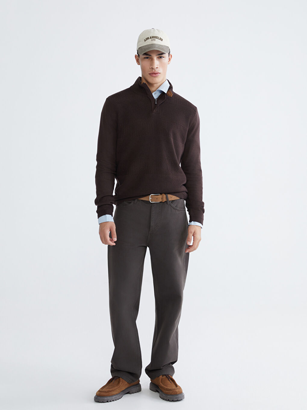 Kahverengi Dik Yaka Erkek Triko Kazak-1