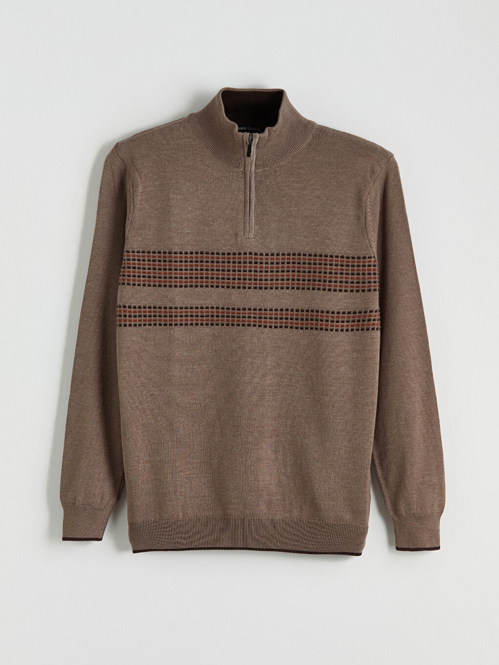 Kahverengi Dik Yaka Çizgili Erkek Triko Kazak-4