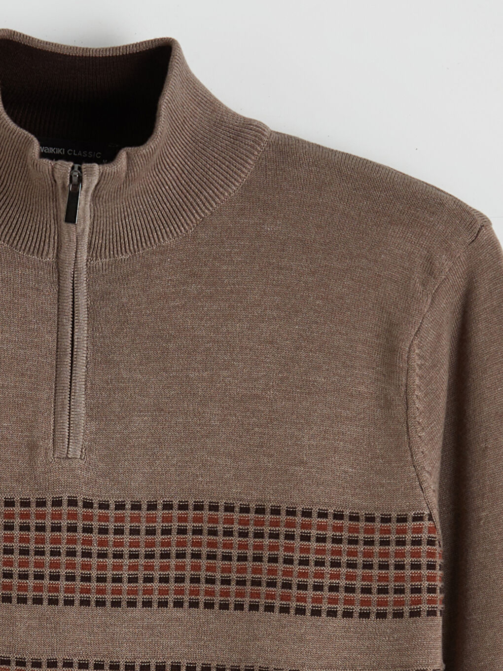 Kahverengi Dik Yaka Çizgili Erkek Triko Kazak-5