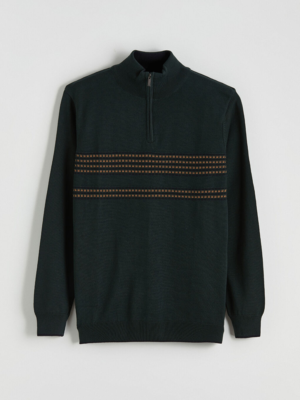 Yeşil Dik Yaka Çizgili Erkek Triko Kazak-4