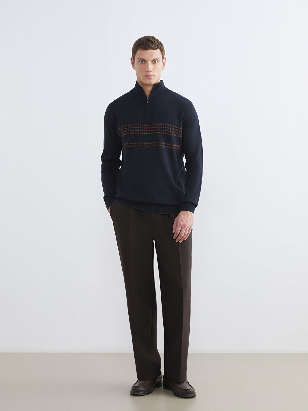 Lacivert Dik Yaka Çizgili Erkek Triko Kazak-1