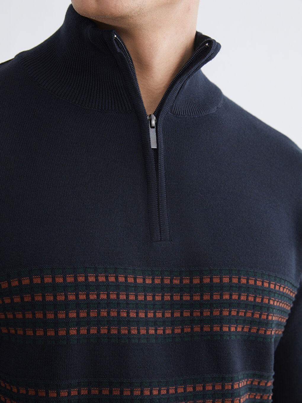 Lacivert Dik Yaka Çizgili Erkek Triko Kazak-2